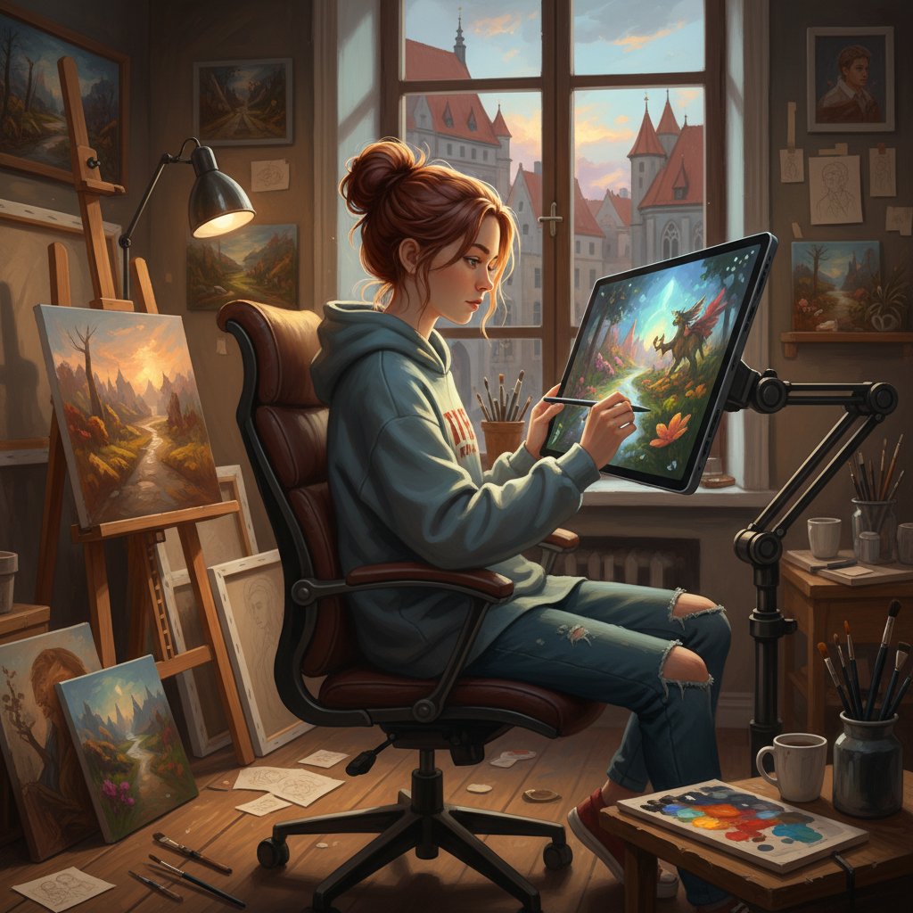 Nauka plastyki online – polski nastolatek na tablecie digital painting, wokół tradycyjne płótna