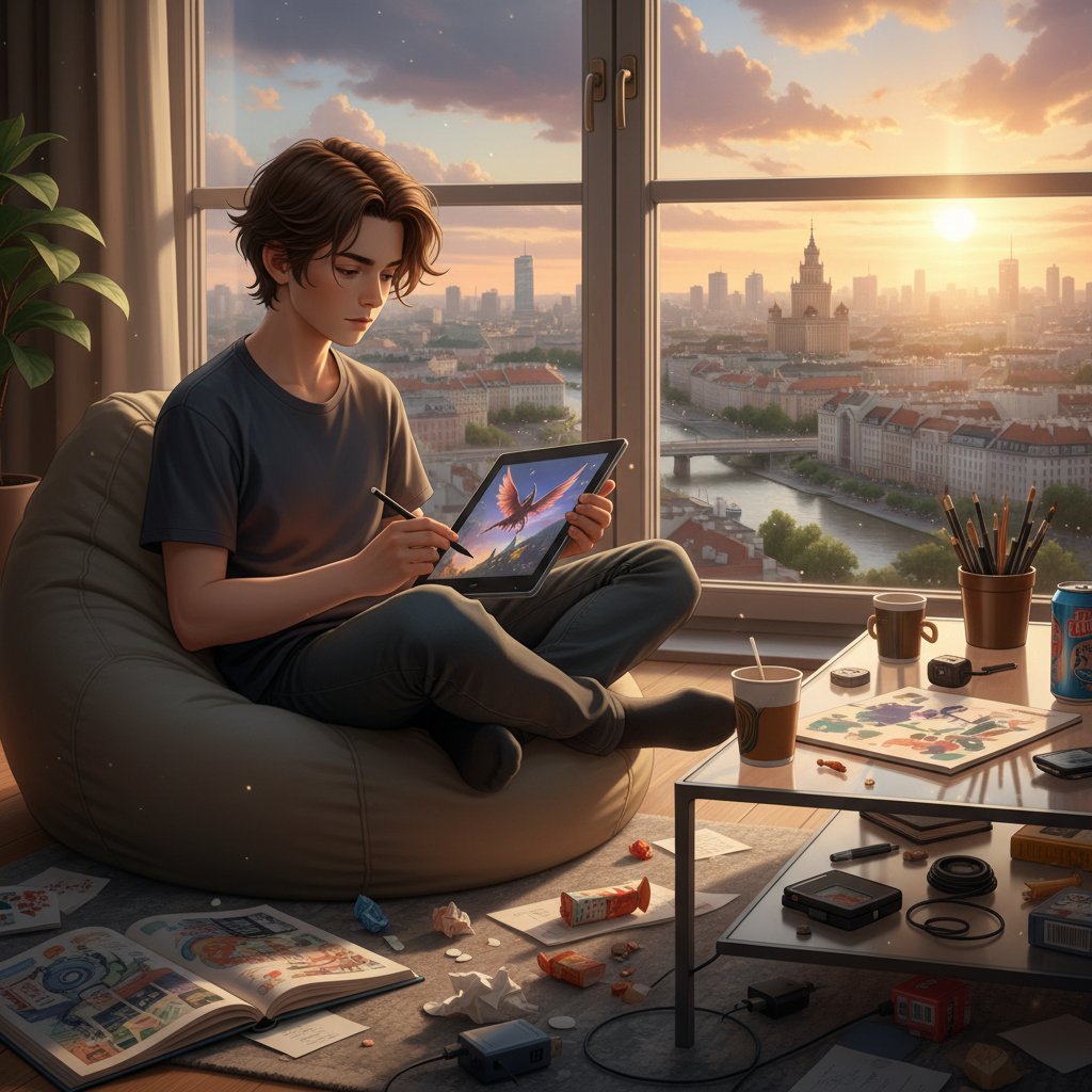 Nastolatek malujący na tablecie w domowym, ekspresyjnym otoczeniu – korepetycje z plastyki online