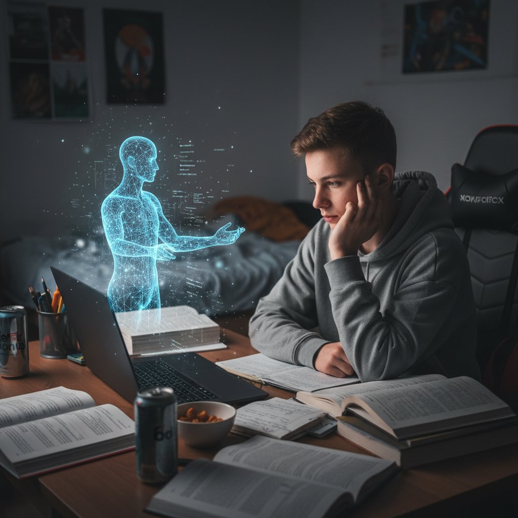 Nastolatek przy laptopie w pokoju, światło ekranu, notatki, hologram AI – symbol efektywnych korepetycji online