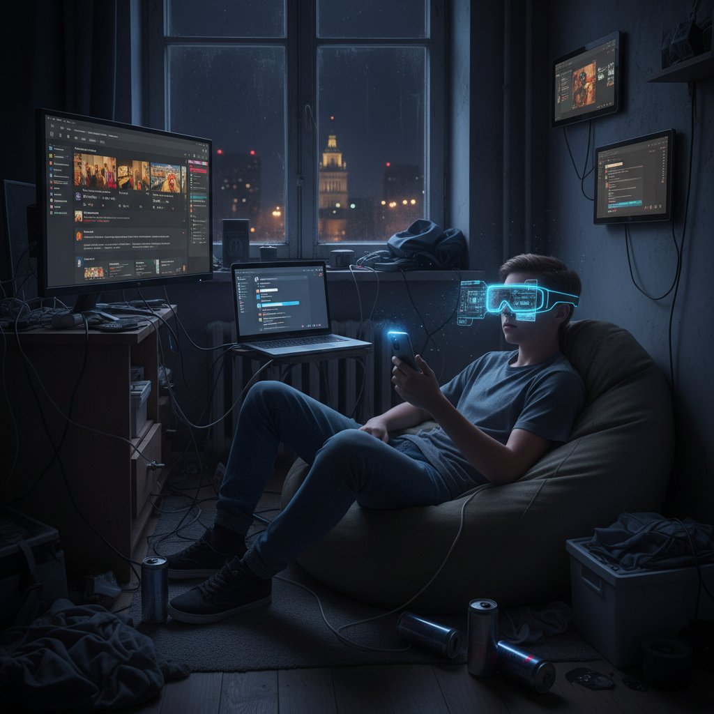 Nastolatek uzależniony od internetu, samotny w ciemnym pokoju z ekranami