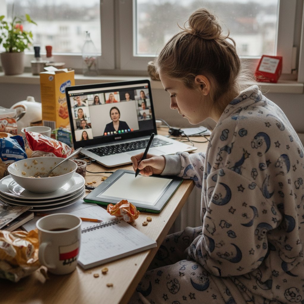 Młody Polak rysujący online podczas lekcji w domu, techniki rysunkowe online, nauka w pandemii