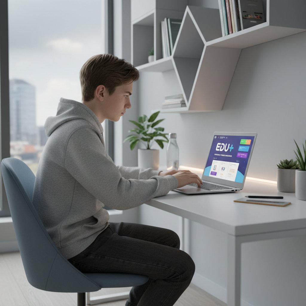 Nastolatek korzystający z aplikacji edukacyjnej na laptopie, skupiony, ekran oświetla twarz, nowoczesny pokój