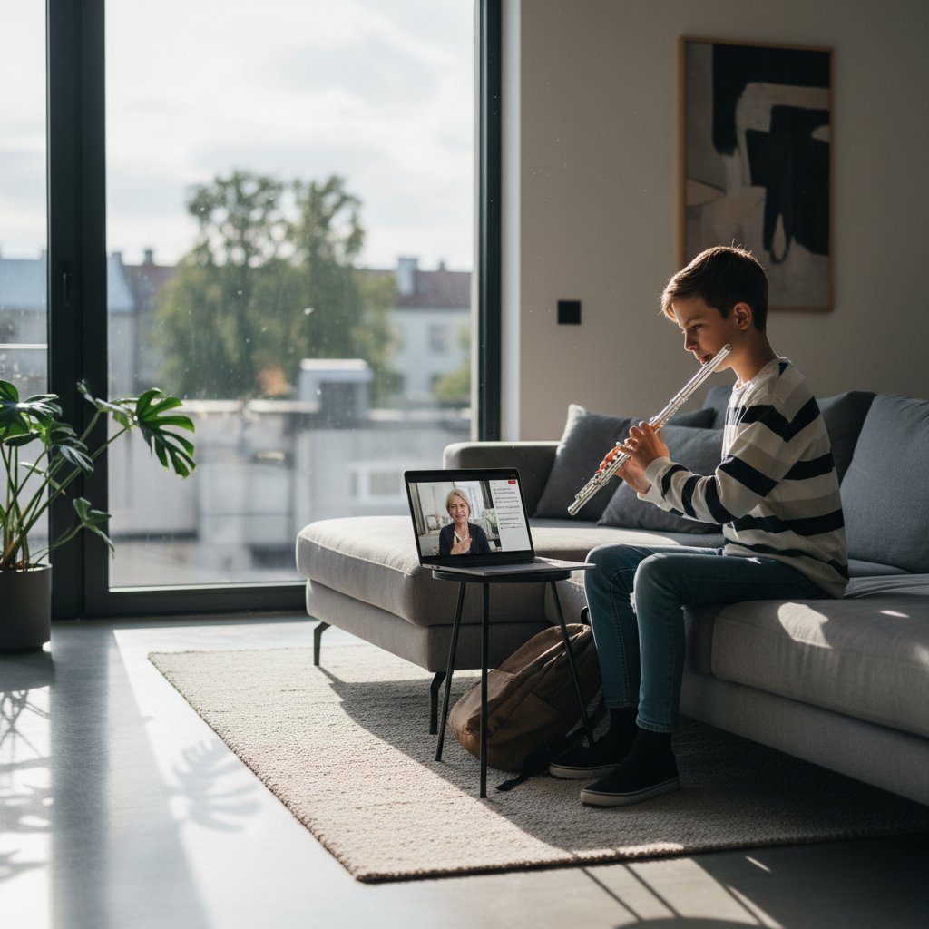 Nastolatek ćwiczący flet podczas lekcji online w nowoczesnym salonie, laptop z interfejsem cyfrowym, motywacja i skupienie