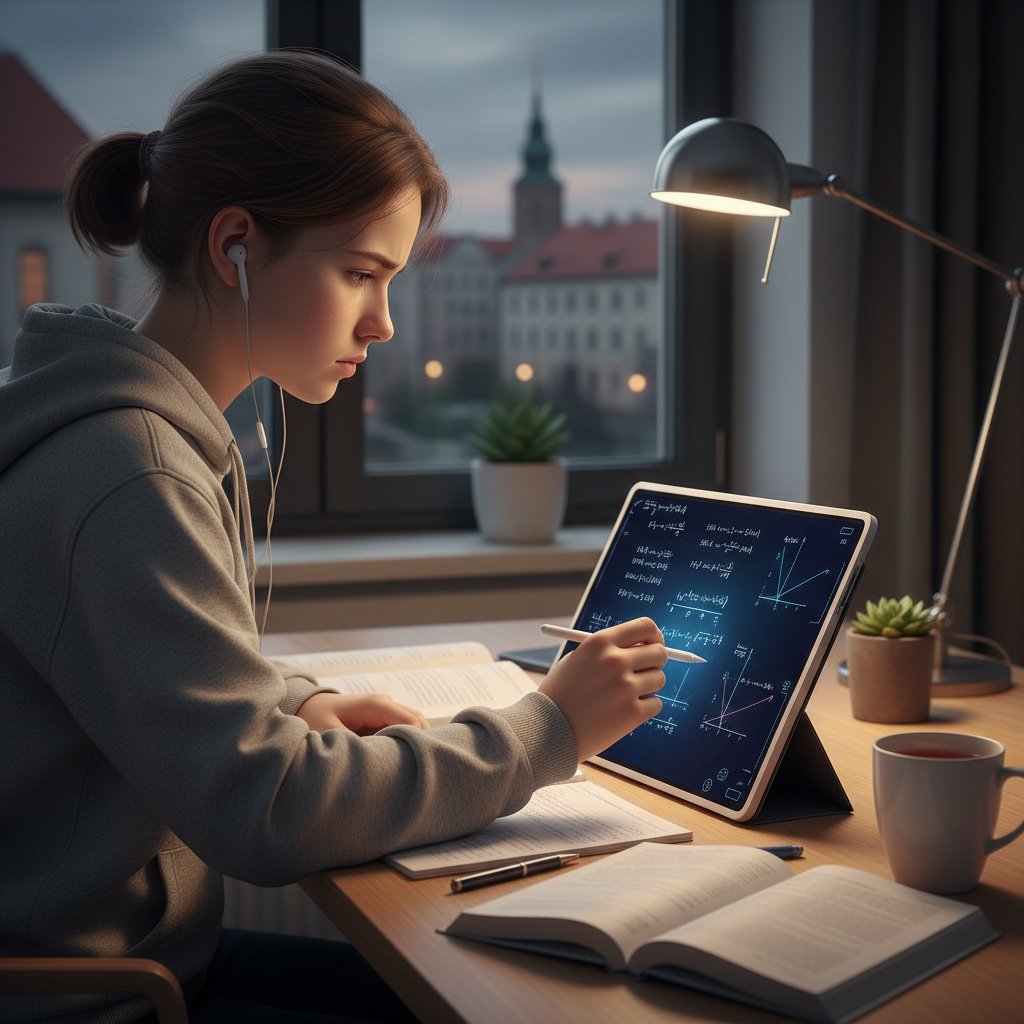 Nastolatek z Polska intensywnie uczący się matematyki z cyfrowym tabletem, skupiony, dynamiczne światło