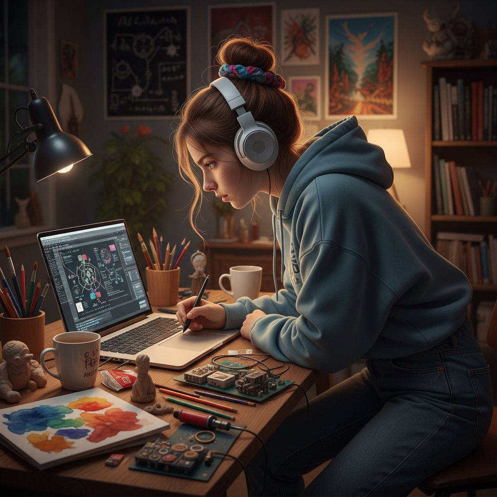 Zbliżenie na skupioną twarz ucznia podczas sesji kreatywnej online, korepetycje zdalne