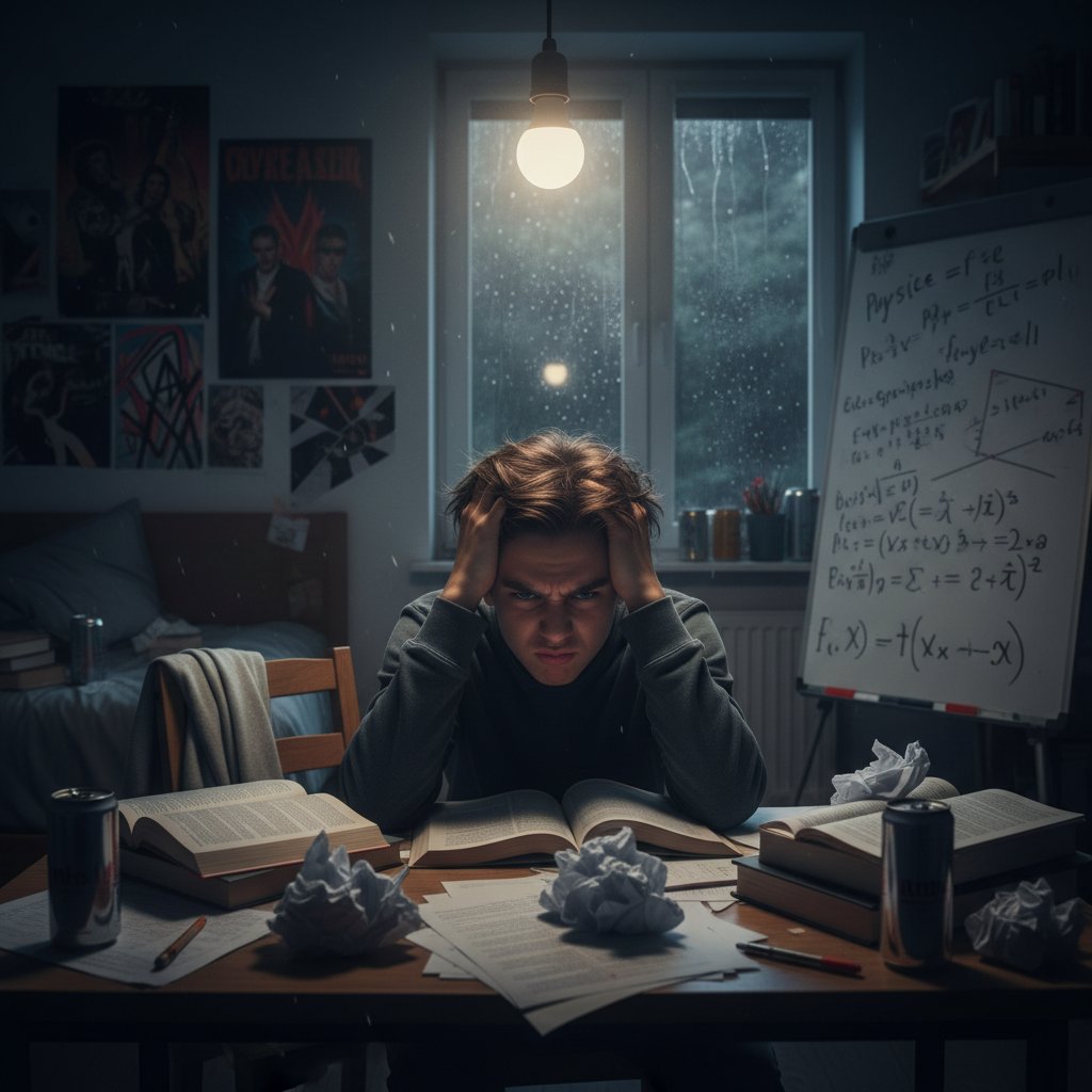 Portret nastolatka zmartwionego trudnościami w nauce fizyki online, rozproszone światło, fizyczne wzory na ścianach