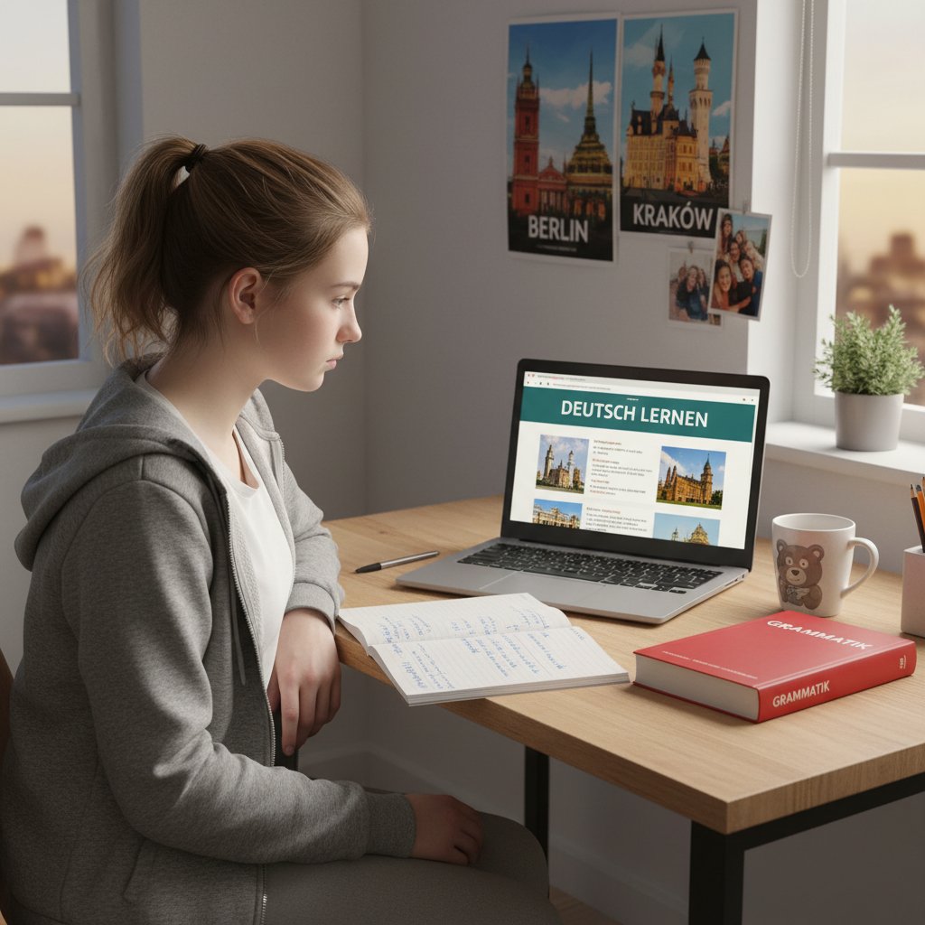 Młoda dziewczyna ucząca się niemieckiego online, skupiona i zmotywowana