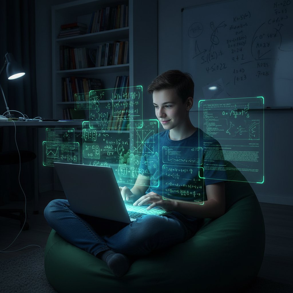 Nastolatek przy laptopie, otoczony wirtualnymi ekranami z wzorami matematycznymi