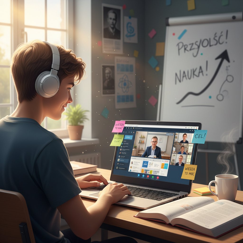 Nastolatek w słuchawkach, korzystający z laptopa, platforma edukacyjna na ekranie komputera, intensywne skupienie, atmosfera motywacji