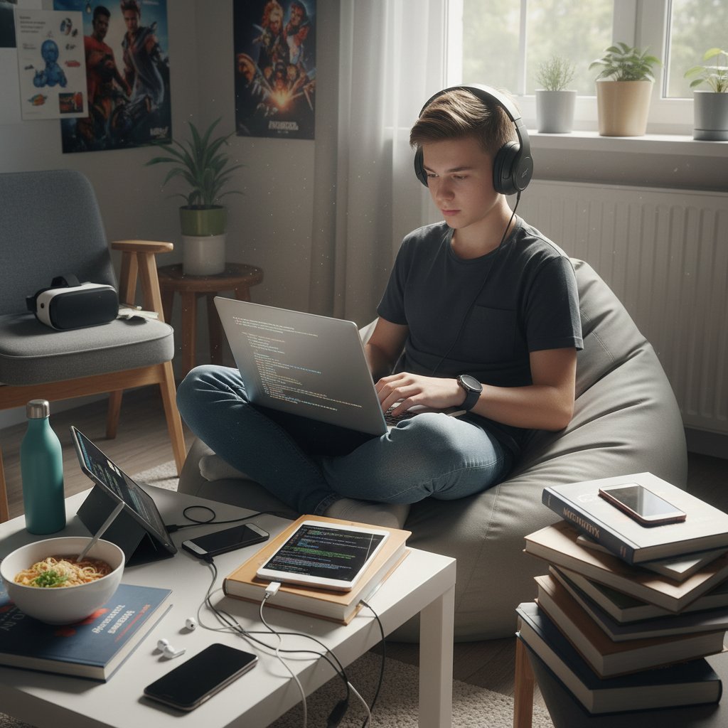 Polski uczeń podczas nauki online z korepetytorem, zestawienie podręczników i sprzętu komputerowego