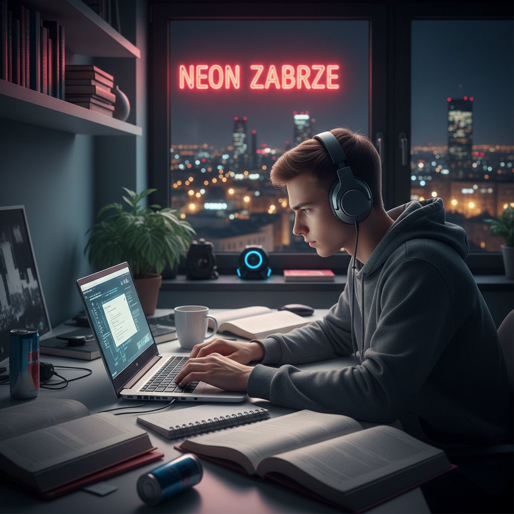 Uczeń z Zabrza podczas korepetycji online przy laptopie, wieczorny klimat, notatki i miasto w tle