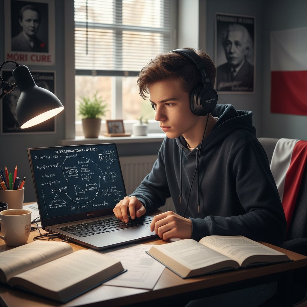 Uczeń z Polski w słuchawkach podczas lekcji fizyki online, wokół laptopa unoszą się wzory fizyczne