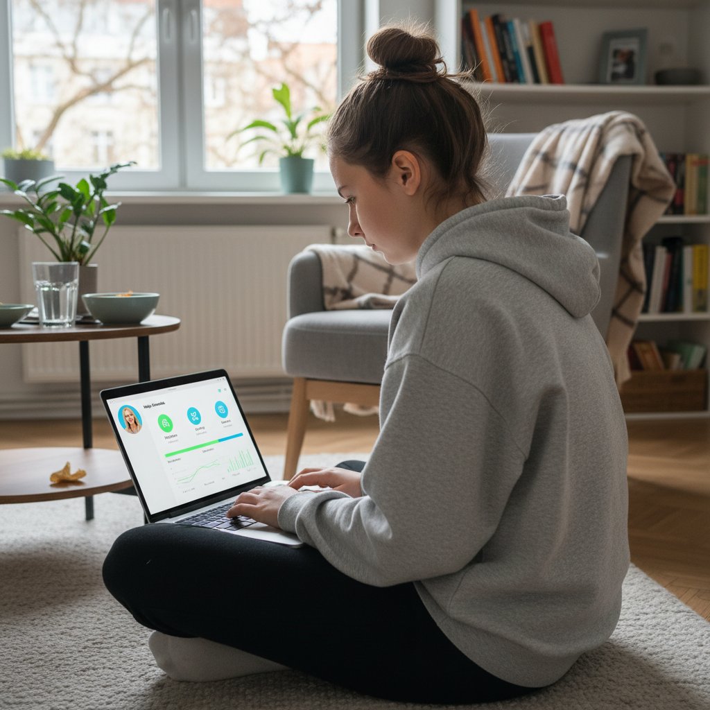 Polska nastolatka w domowym otoczeniu korzystająca z aplikacji zdrowotnej na laptopie