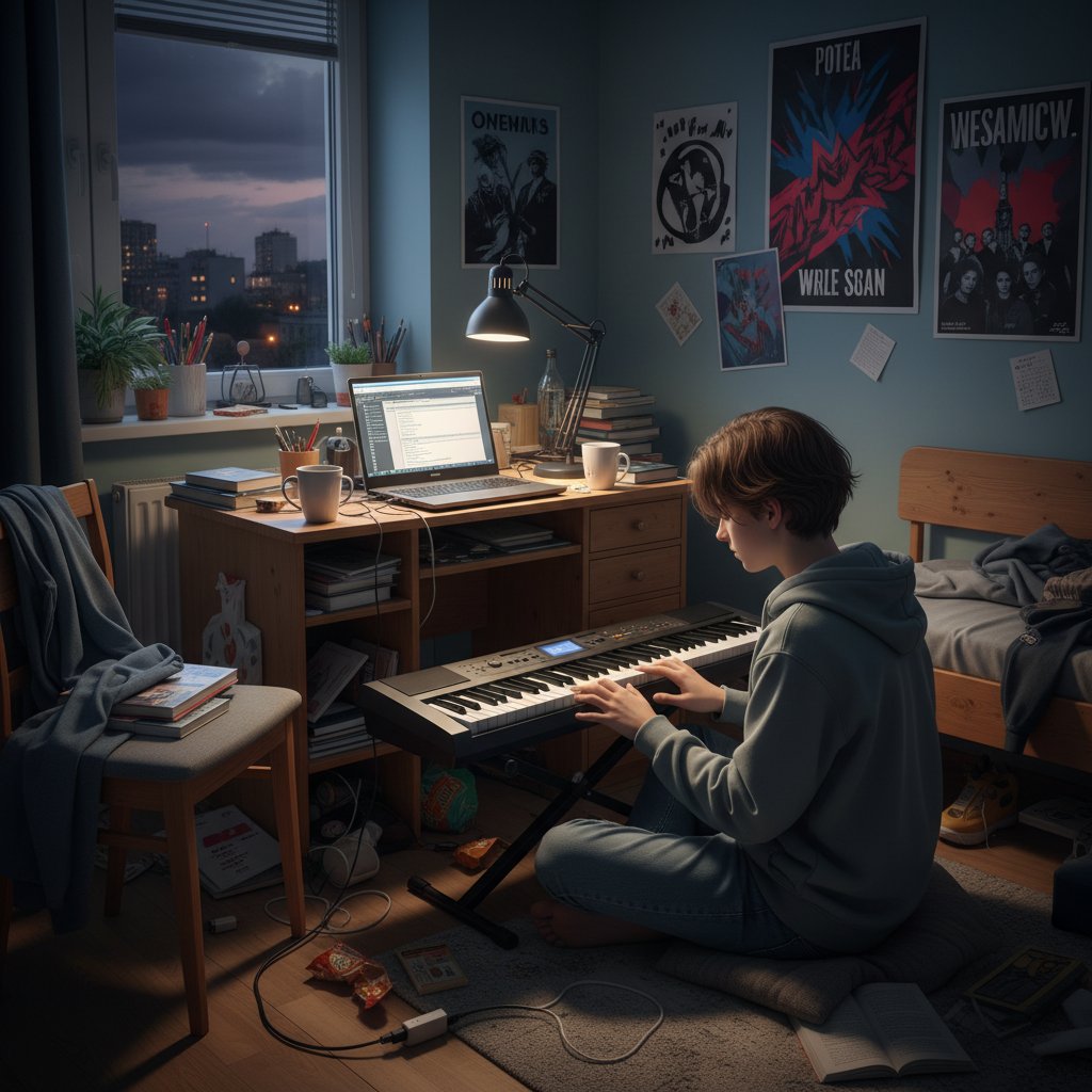 Polski nastolatek ćwiczy fortepian na lekcji online późnym wieczorem