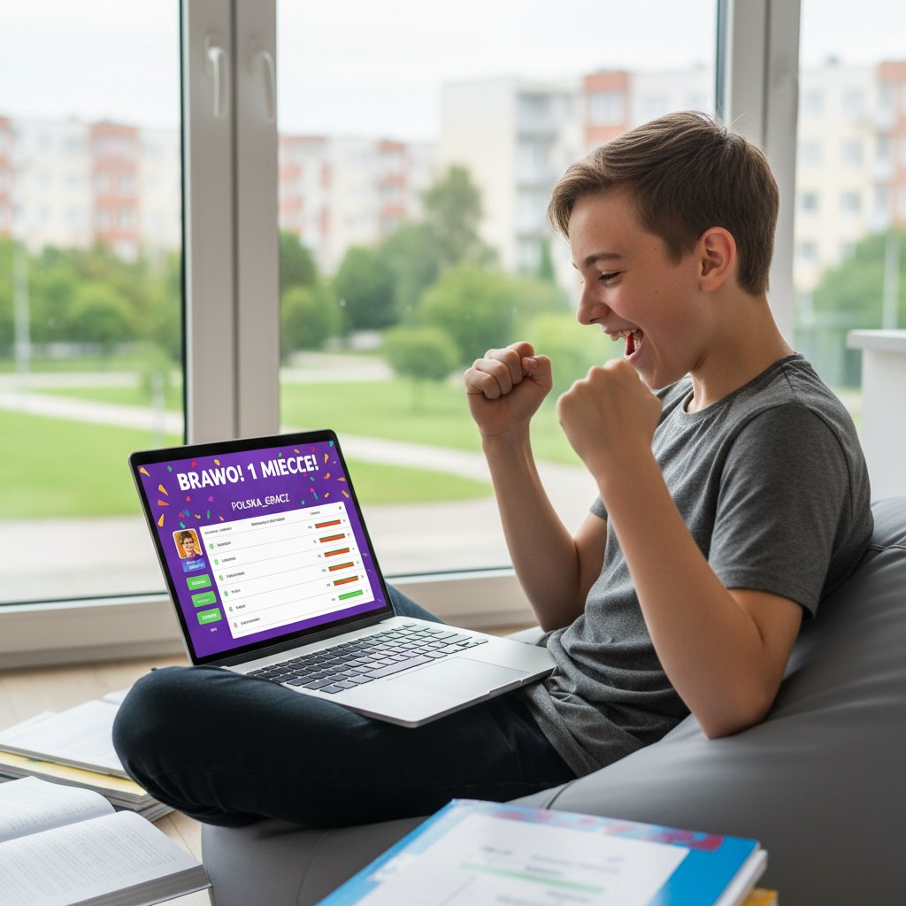 Polski nastolatek analizujący wyniki quizu Kahoot na laptopie