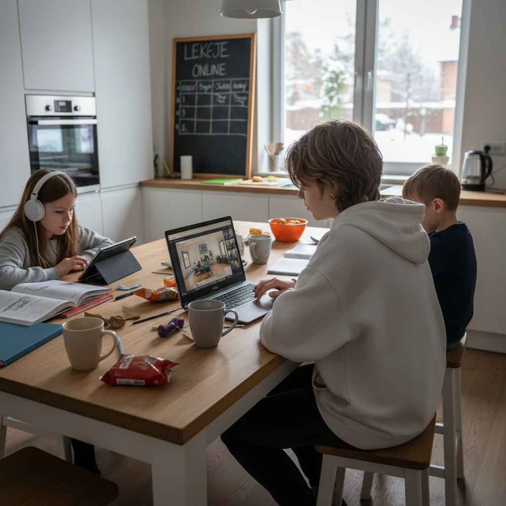 Polska nastolatka ucząca się przy kuchennym stole z rodzeństwem, zmęczona i zrezygnowana