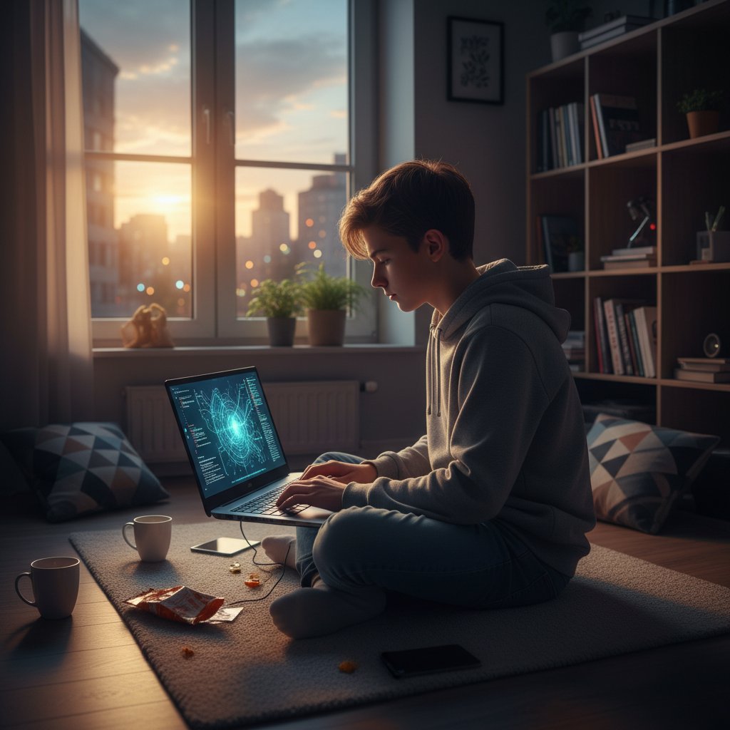 Nastolatek w Polsce uczący się przy laptopie podczas wieczornego światła, z cyfrowymi nakładkami sugerującymi AI