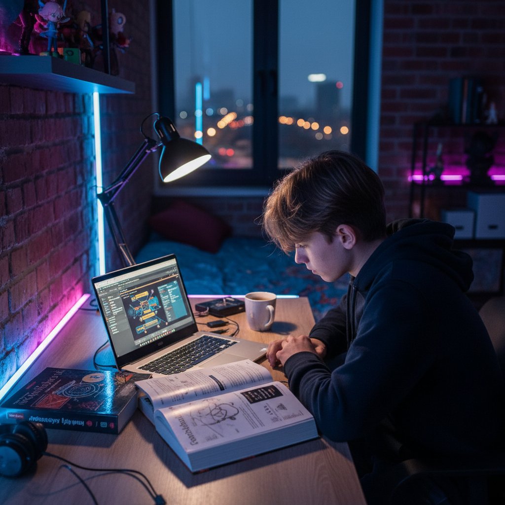 Nastolatek uczy się w domu, ekran laptopa, notatki, dramatyczne światło, korepetycje online