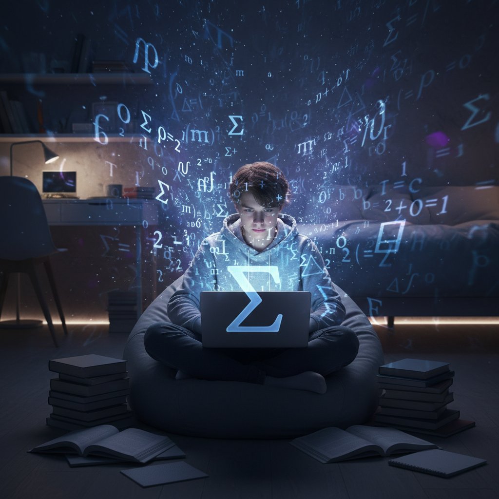 Nastolatek uczący się przy laptopie, otoczony cyfrowymi symbolami edukacyjnymi, ilustracja trendów korepetycji online