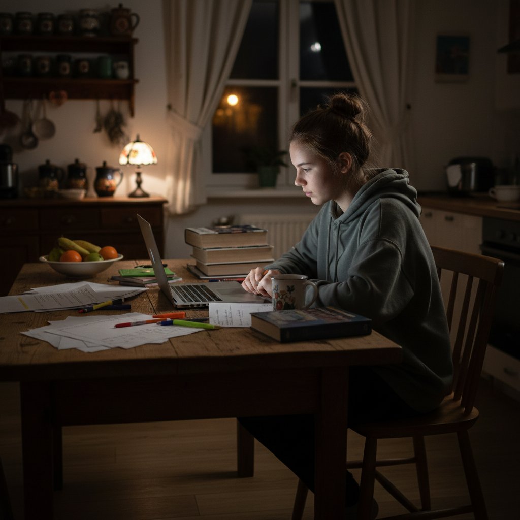 Nastolatek pracujący przed laptopem podczas rewalidacji online w domowym zaciszu