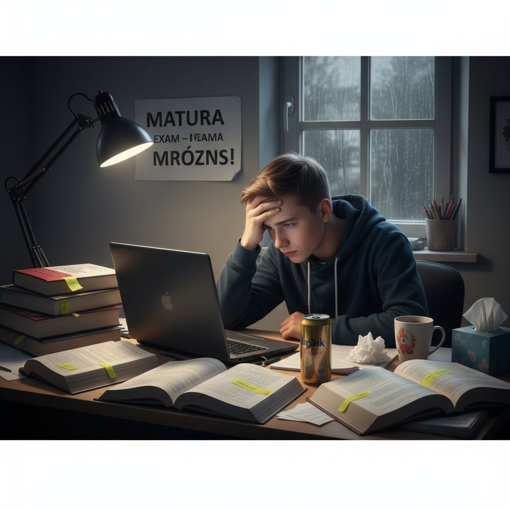 Polski nastolatek przy biurku, laptop, podręczniki do angielskiego, atmosfera presji