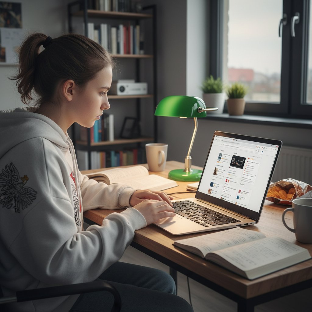 Polski nastolatek przegląda platformę edukacyjną na laptopie, sprawdza recenzje, na biurku notatki, atmosfera analizy i ostrożności