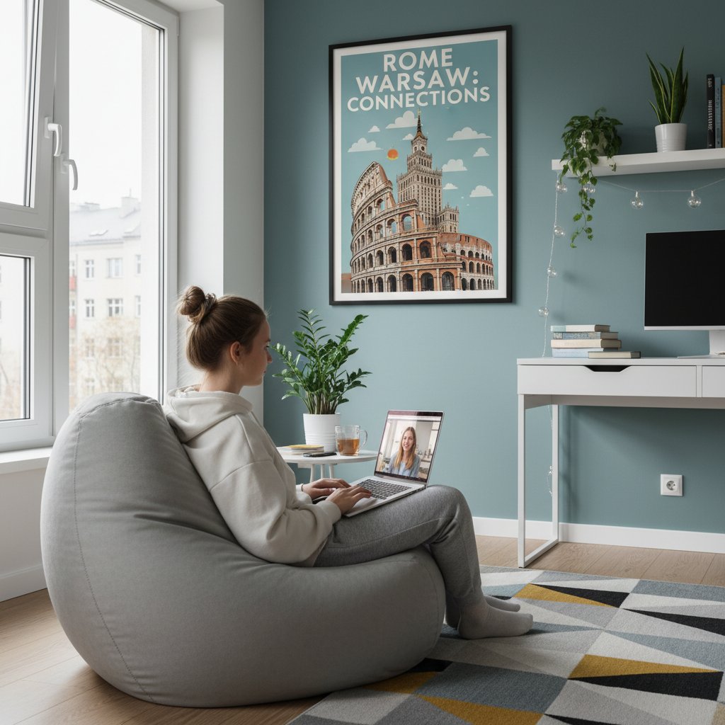 Polski licealista korzystający z laptopa w pokoju z włoskimi plakatami, na tle mieszanej panoramy Warszawy i Rzymu
