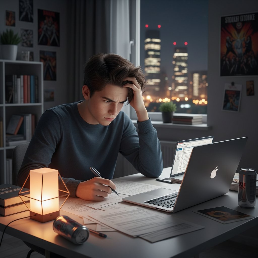Nastolatek przy biurku pełnym dokumentów podatkowych, laptop, nocne światło, frustracja i determinacja