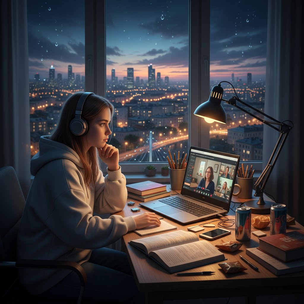 Polska nastolatka przy biurku, ekran laptopa świeci lekcją online, nocne światła miasta za oknem, atmosfera intensywna i skupiona