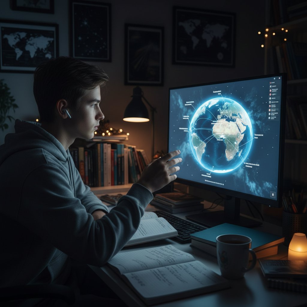 Uczeń technikum korzystający z wirtualnej globusowej aplikacji do nauki geografii online w swoim pokoju