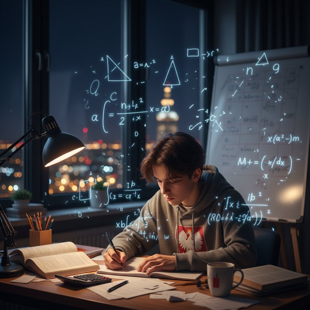 Polski nastolatek przy komputerze, nocą, z ekranem pełnym matematycznych symboli