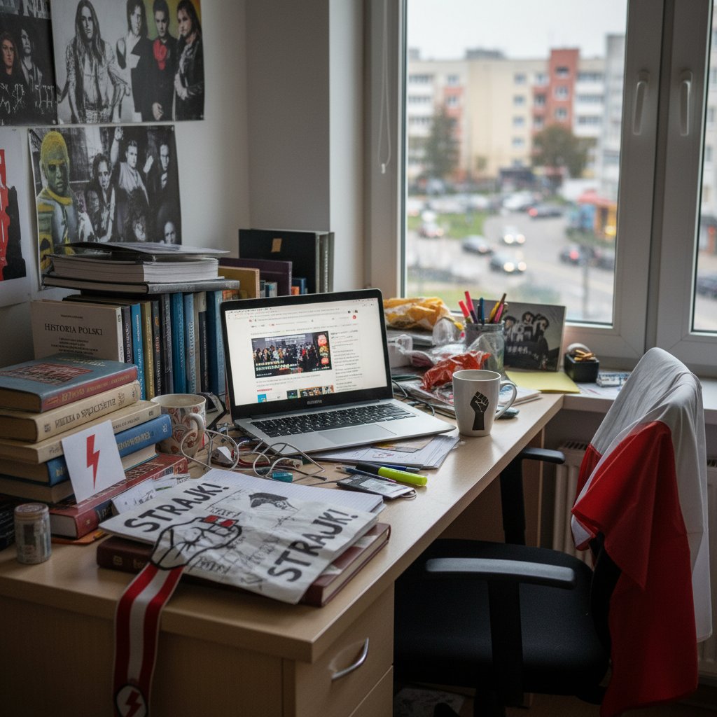 Nastoletnia uczennica przy laptopie z podręcznikami i symbolami protestu, intensywnie skupiona