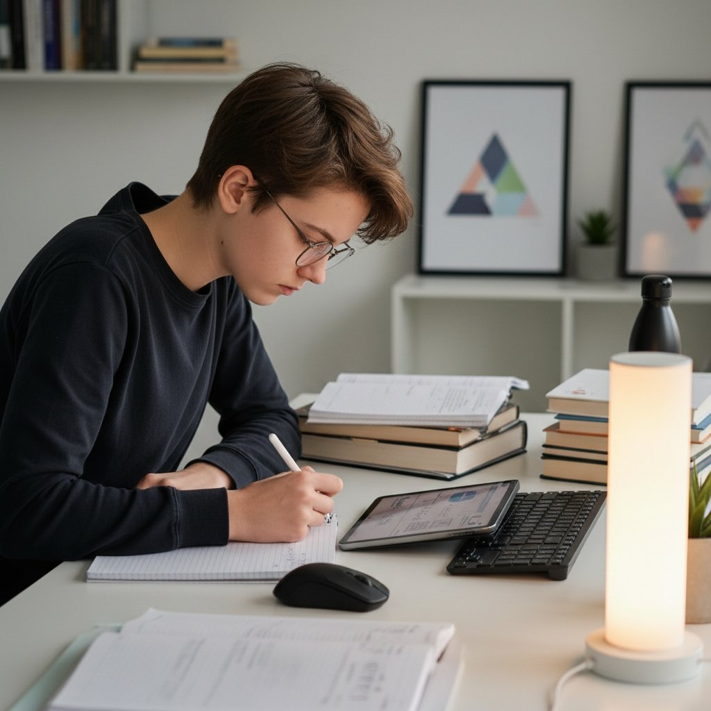 Polski nastolatek pogrążony w nauce przy nowoczesnym biurku, laptop i książki, atmosfera skupienia i determinacji