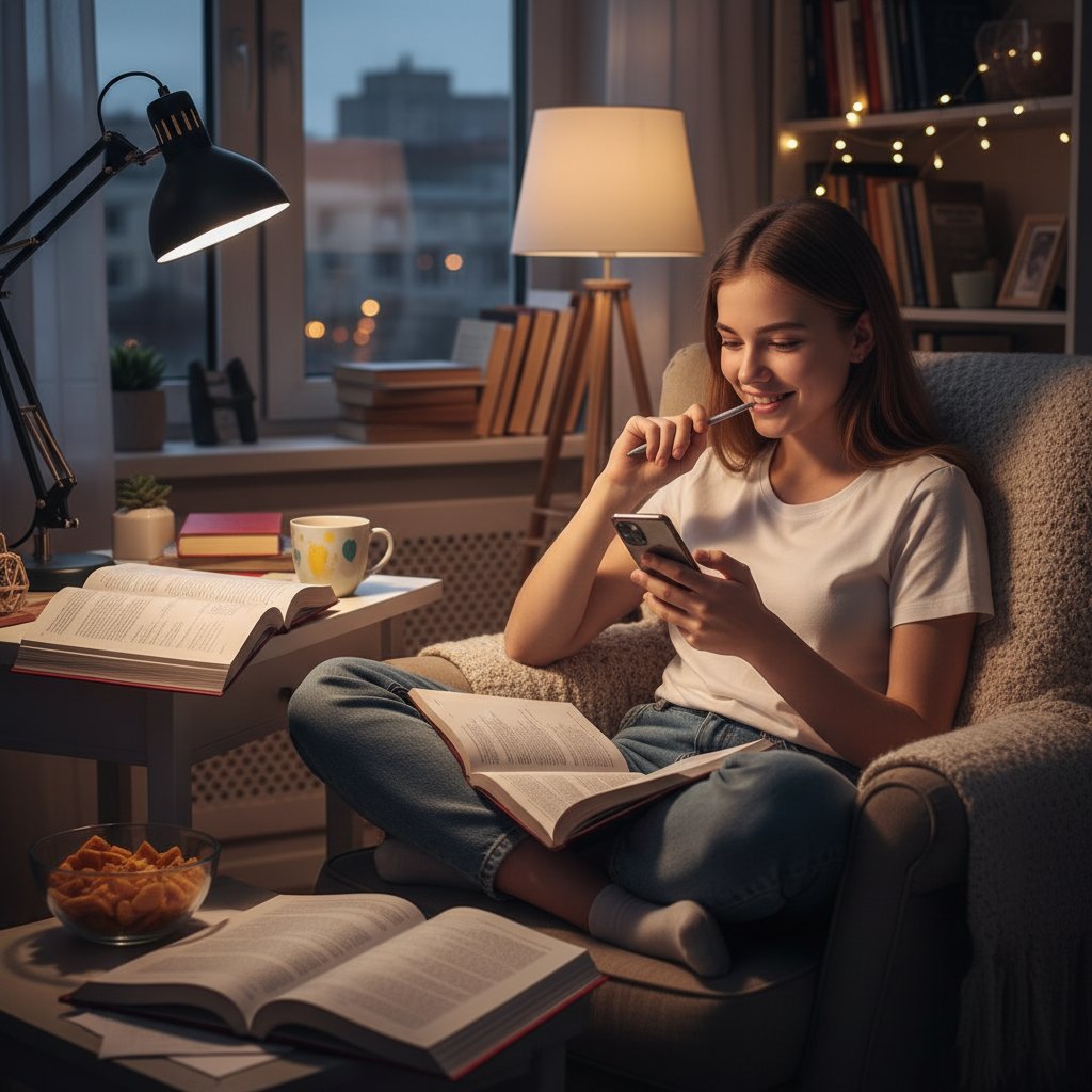 Uczeń próbujący się uczyć i korzystać z telefonu jednocześnie, widoczne rozproszenie, pokój, wieczór