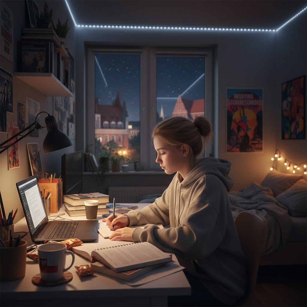 Nastolatek samotnie uczący się przy komputerze, ciemny pokój, światło ekranu, atmosfera refleksji