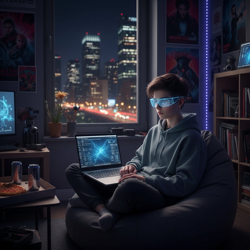 Nastolatek w Polsce uczący się w nocy przy laptopie, odbicia kodu i AI w okularach, urbanistyczny klimat
