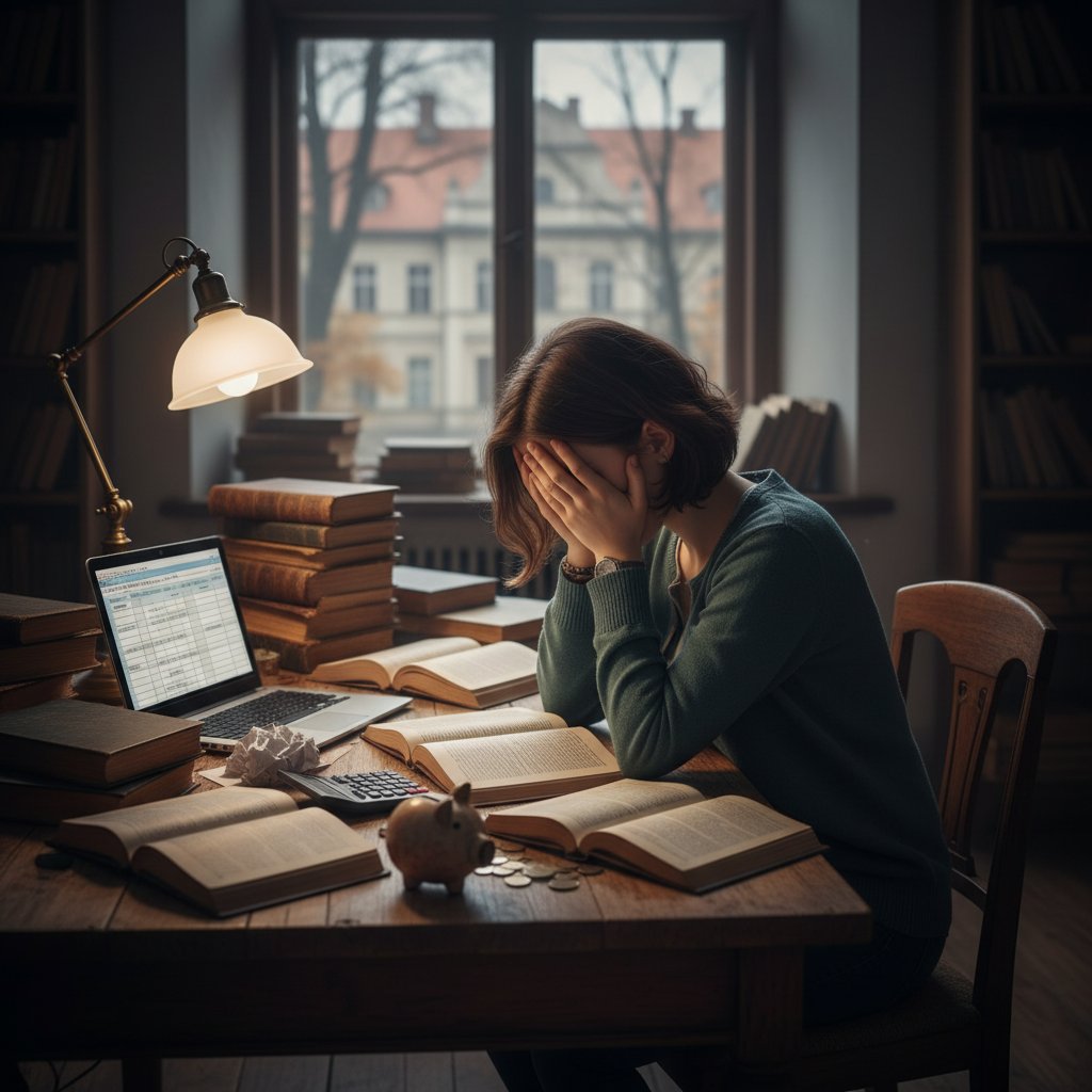 Nastolatek w starym pokoju z podręcznikami i smartfonem, ukazujący frustrację kosztami korepetycji