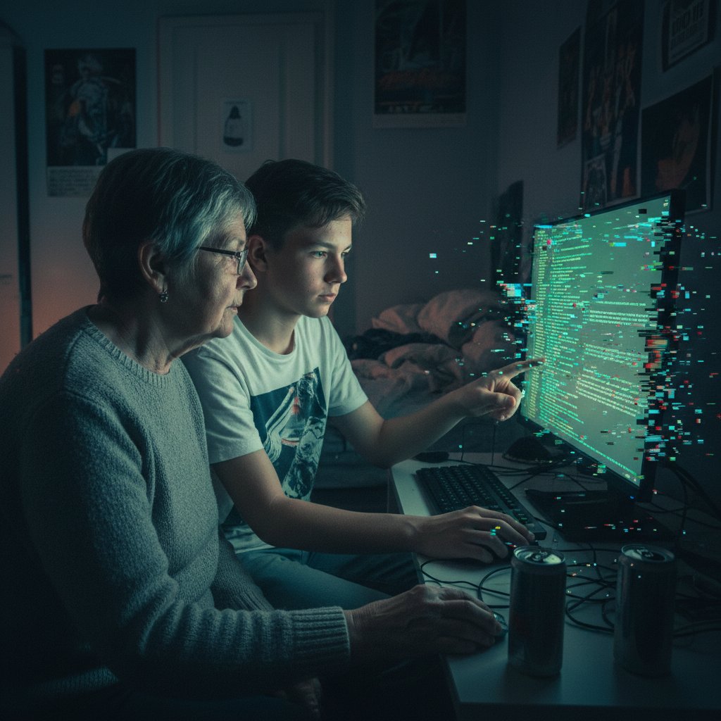 Nastolatek i starsza osoba przy komputerach, kod odblaskuje na twarzach, symbolizując połączenie i samotność, nauka informatyki online w Polsce