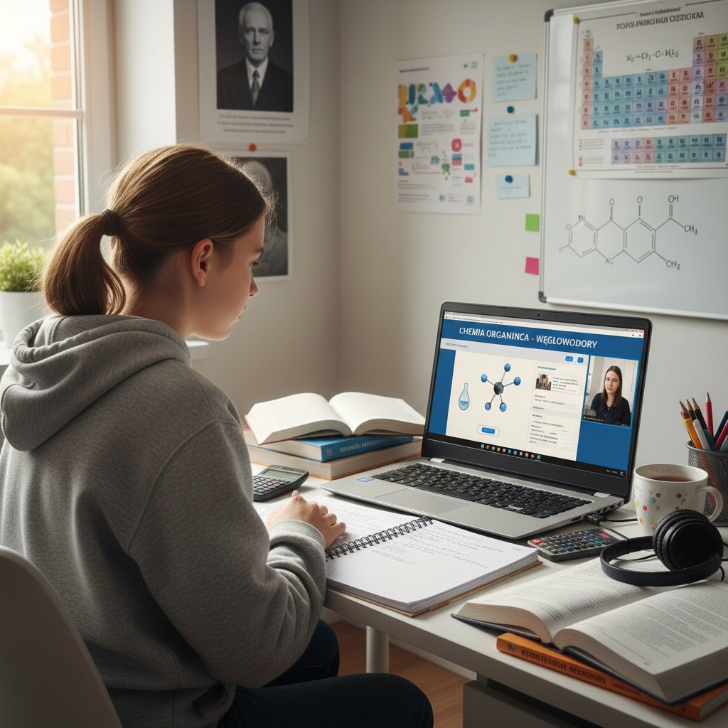 Nastolatka korzystająca z laptopa do nauki chemii online w domowym biurze