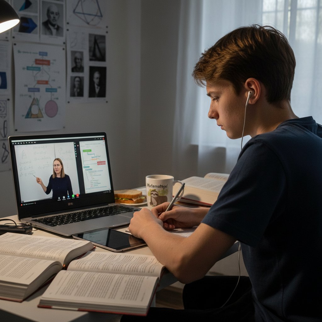 Nastolatek podczas lekcji online, skupiony na ekranie, matematyka, algorytm wyboru korepetytora