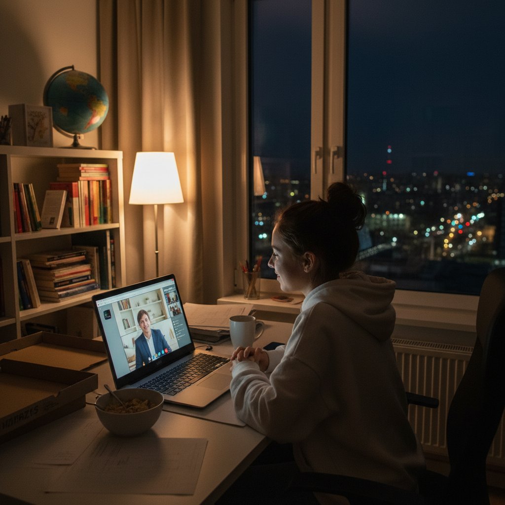 Polski nastolatek korzystający z korepetycji online, ekran laptopa i notatki, nocna Warszawa