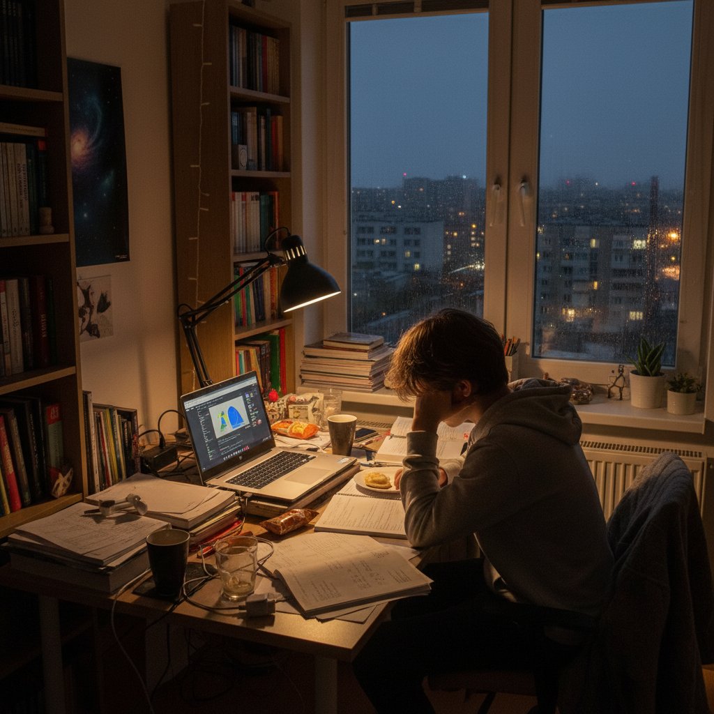 Uczeń liceum korzystający z laptopa do nauki fizyki online, otoczenie pełne książek i notatek – atmosfera skupienia i presji