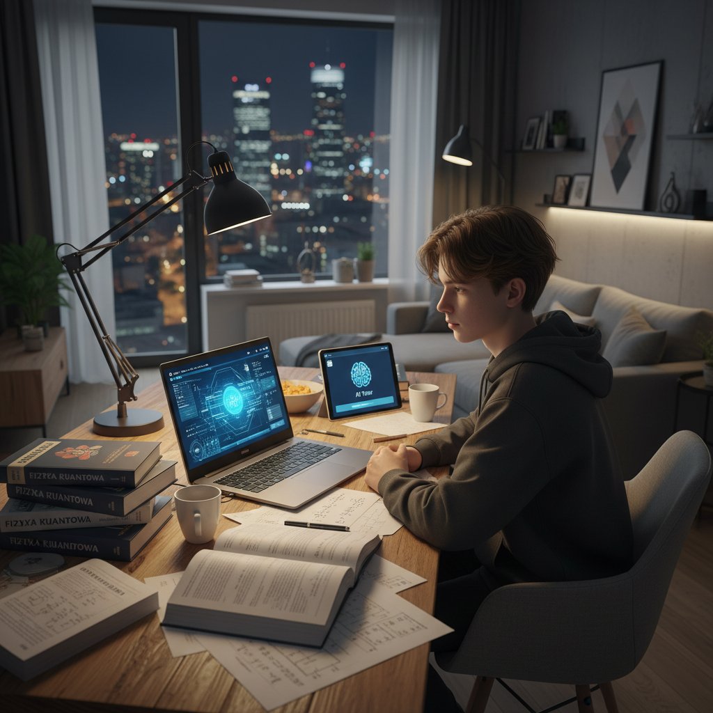 Nastolatek uczący się fizyki online przy biurku z laptopem