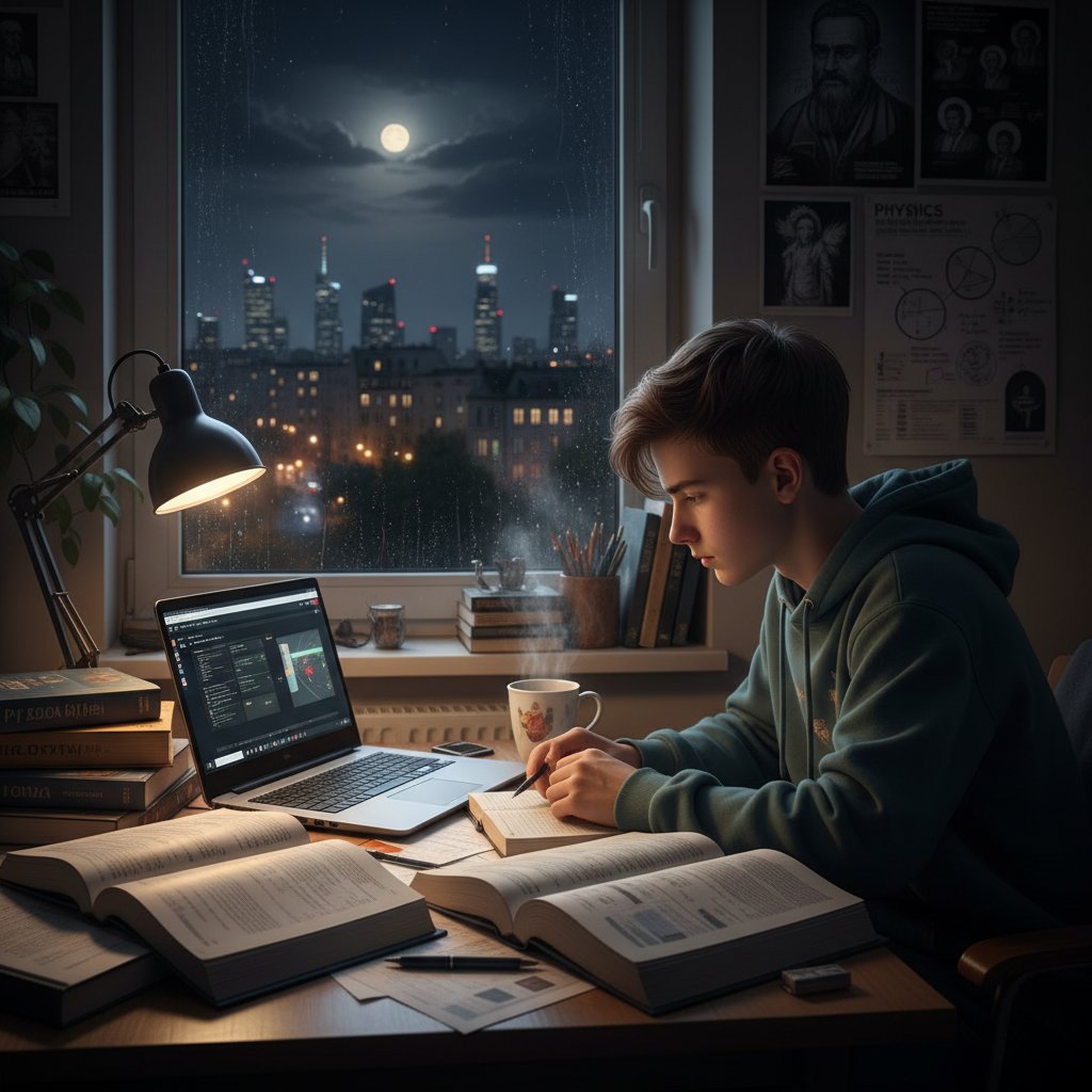 Polski uczeń uczący się fizyki przy laptopie w nocy, otoczony książkami i notatkami