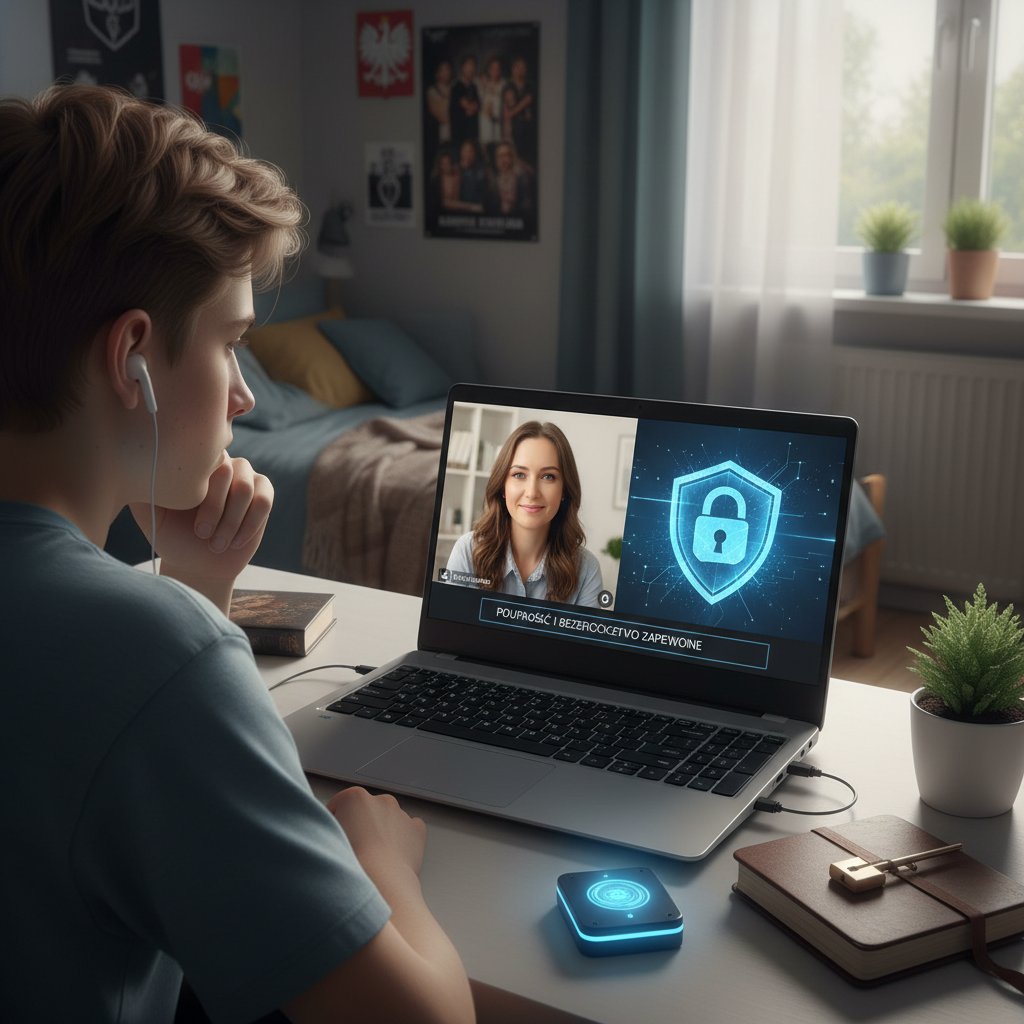 Nastolatek rozmawiający z psychologiem online, poczucie bezpieczeństwa, prywatność, wsparcie cyfrowe