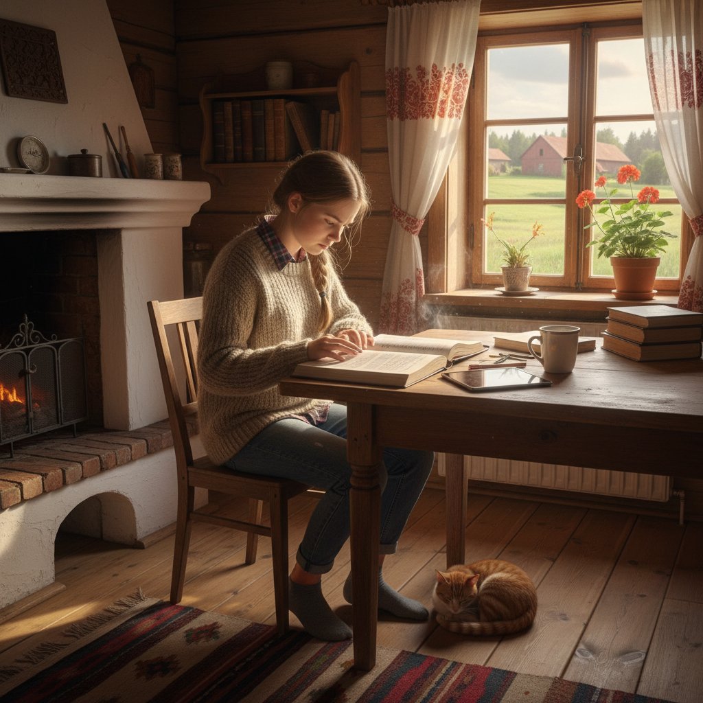 Uczeń liceum online na wsi – młody Polak przy komputerze w domu na tle wiejskiego krajobrazu