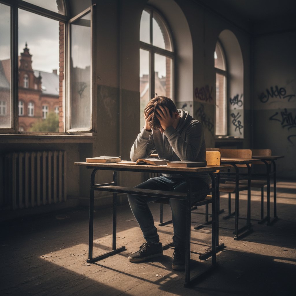 Nastoletni uczeń przy biurku, ręce na głowie, rozrzucone książki – scena symbolizująca trudności w nauce