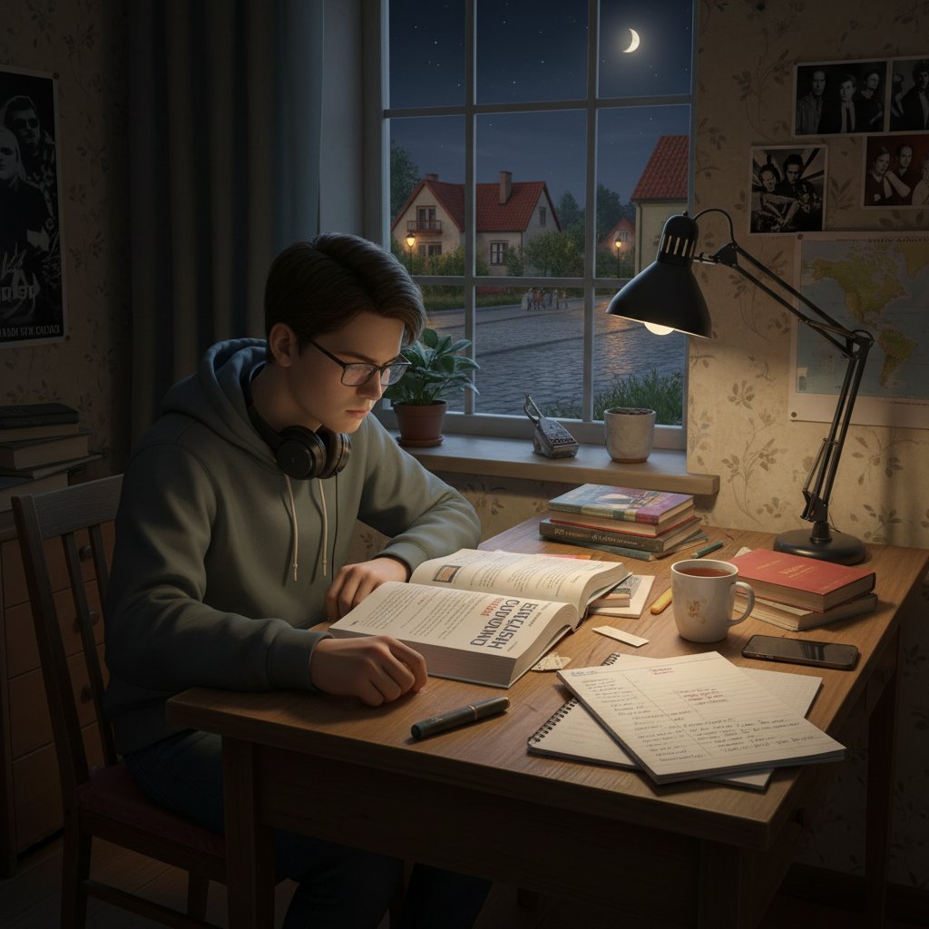 Nastolatek w podrzędnym mieście uczący się angielskiego wieczorem przy biurku