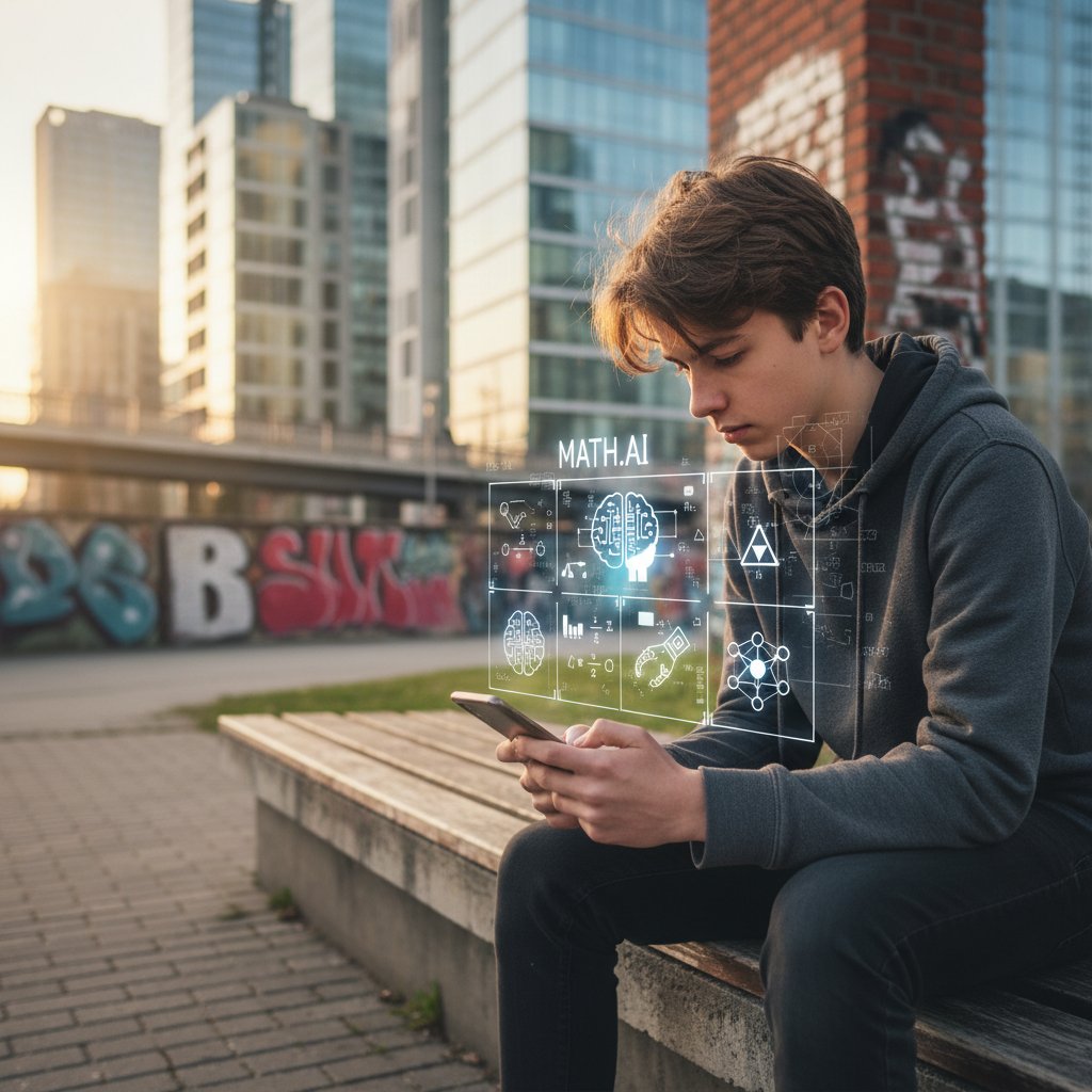 Nastolatek korzystający z AI do nauki matematyki, nowoczesne otoczenie