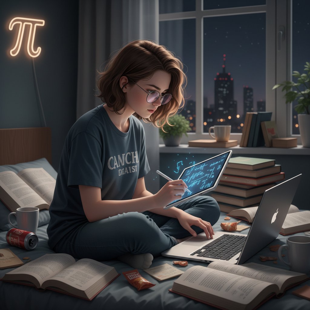 Nastoletni uczeń w okularach rozwiązuje zadania matematyczne przy laptopie w nocy, cyfrowe notatki odbijają się w szkłach, w tle chaos podręczników